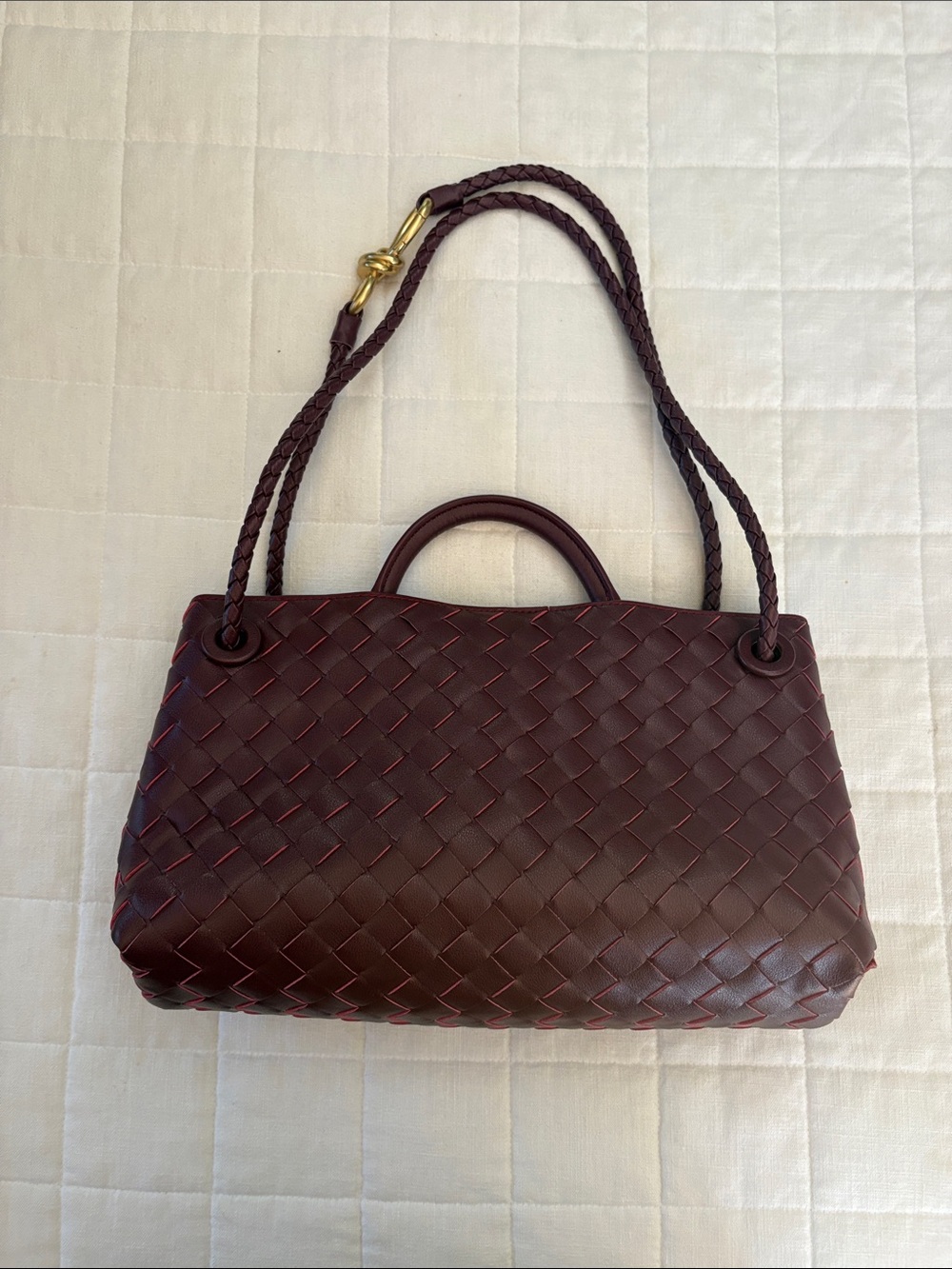 Woven Leather Shoulder Bag in Burgundy
